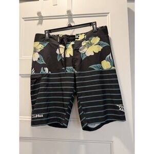 DaHui Board Shorts Mens 32 Hawaiian Floral Surf Swim Stretch Beach Surfing Black